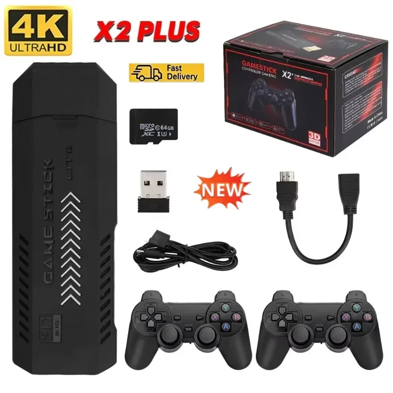 Retro Gaming Kiosk - 新型X2Plus GD10 Pro 4Kゲームスティック、3D HDレトロビデオゲームコンソール、ワイヤレスコントローラー、TV接続可能、PS1/N64/DC用50種類のエミュレーター内蔵、256GB/128GB/64GB。